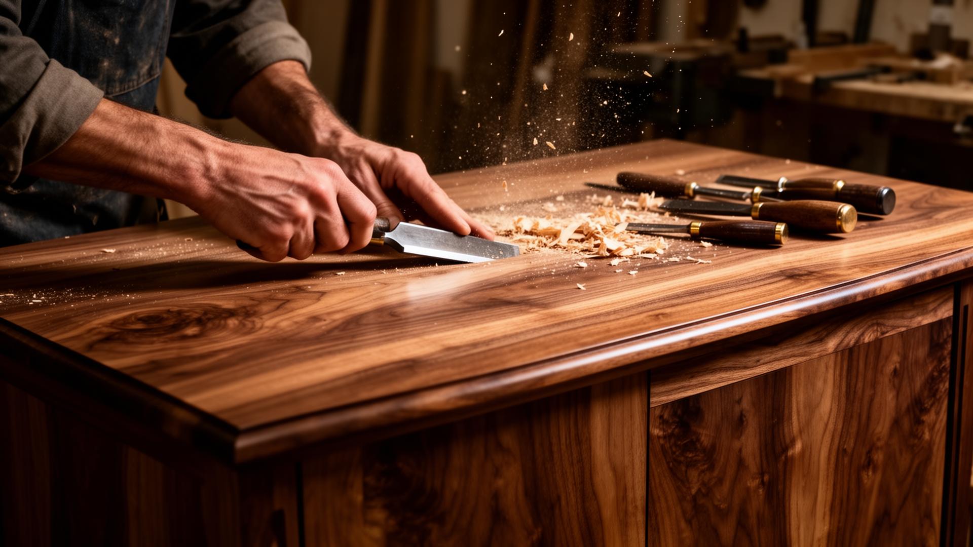 Craftsman working walnut in the TEAK atelier