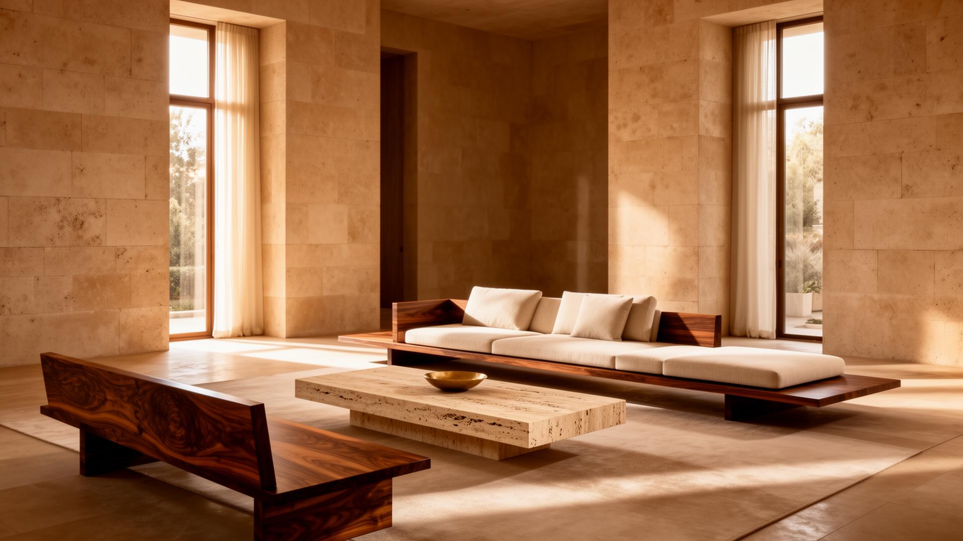 Luxury walnut and travertine living room interior